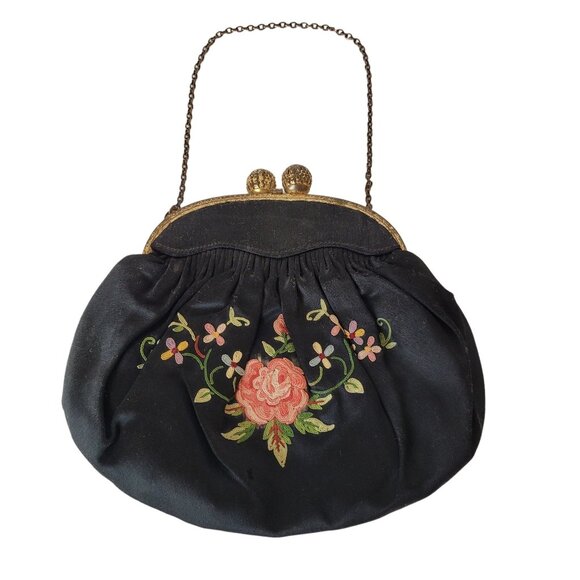 Vintage Black Kiss Lock Clasp Purse Hand Embroidered Rose Vines and Flowers - Picture 2 of 10